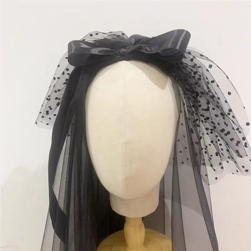 Black Gothic Wedding Veil with Polka Dot Ribbon and Lace Detail - Luxury Bridal Accessory - WonderlandByLilian