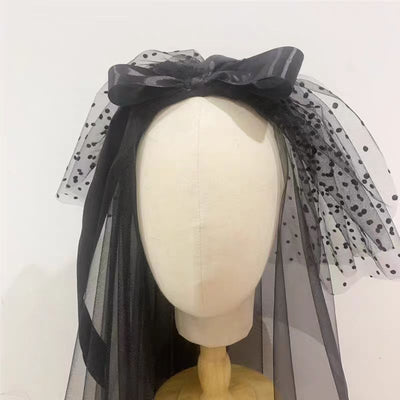 Black Gothic Wedding Veil with Polka Dot Ribbon and Lace Detail - Luxury Bridal Accessory - WonderlandByLilian