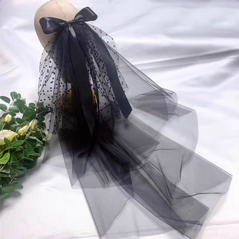 Black Gothic Wedding Veil with Polka Dot Ribbon and Lace Detail - Luxury Bridal Accessory - WonderlandByLilian