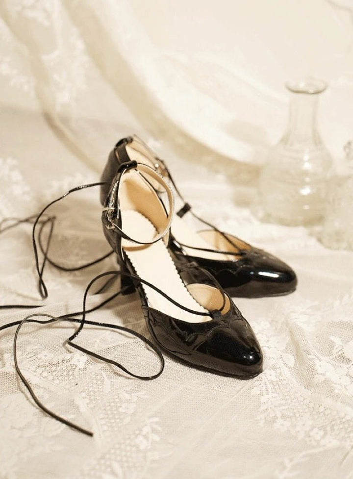 Black Lolita Vintage Shoes with Lace - Up - Lolita Heels - WonderlandByLilian