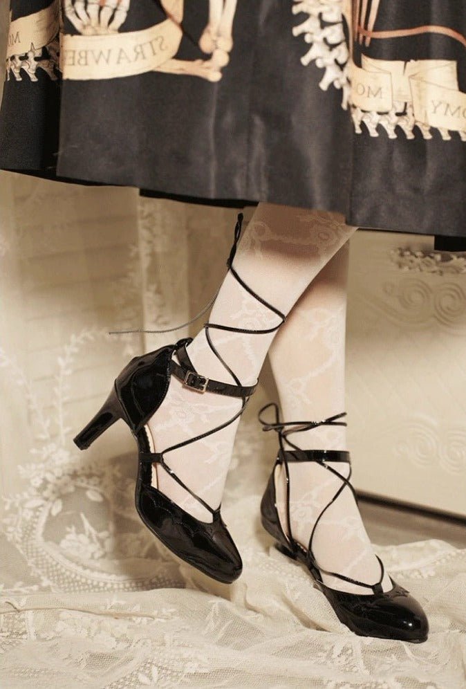 Black Lolita Vintage Shoes with Lace - Up - Lolita Heels - WonderlandByLilian