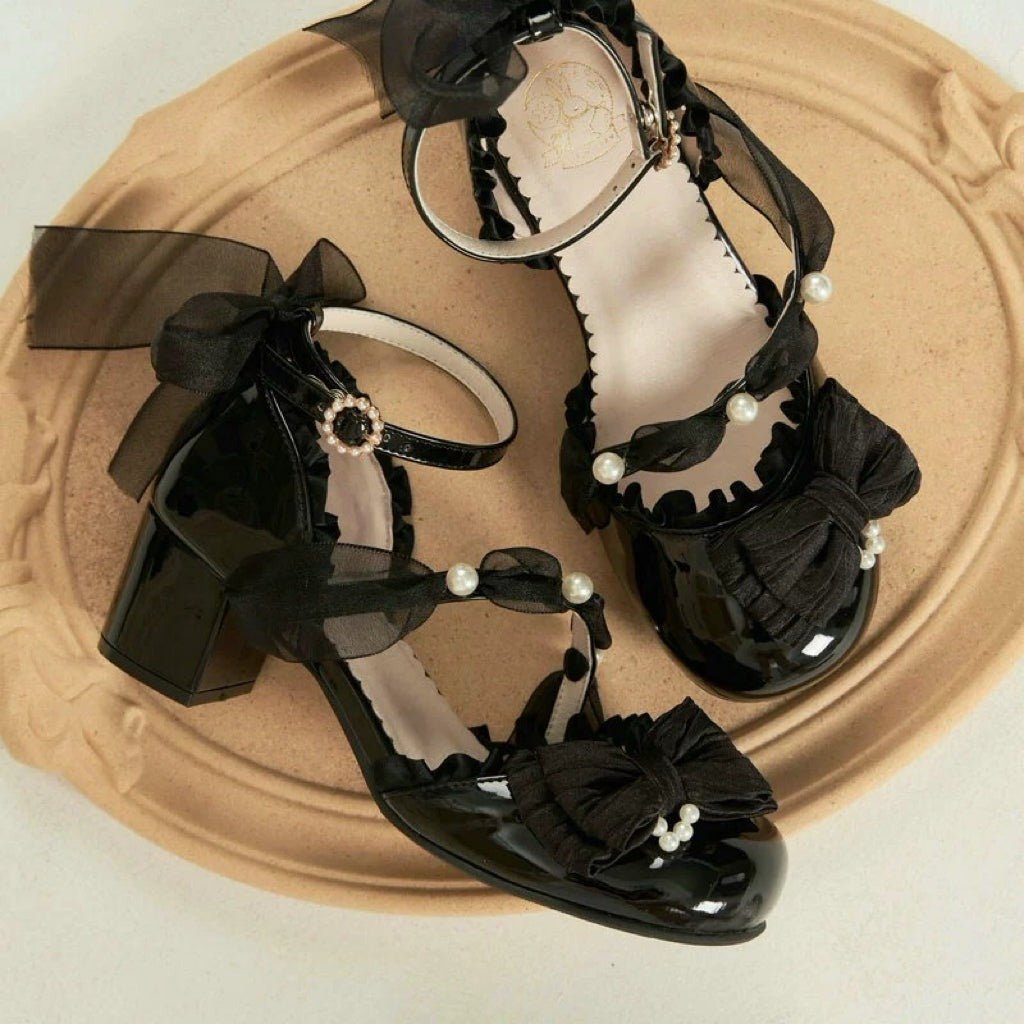 Black Lolita Vintage Shoes with Pearl - Lolita Vintage Heels with Bow - WonderlandByLilian