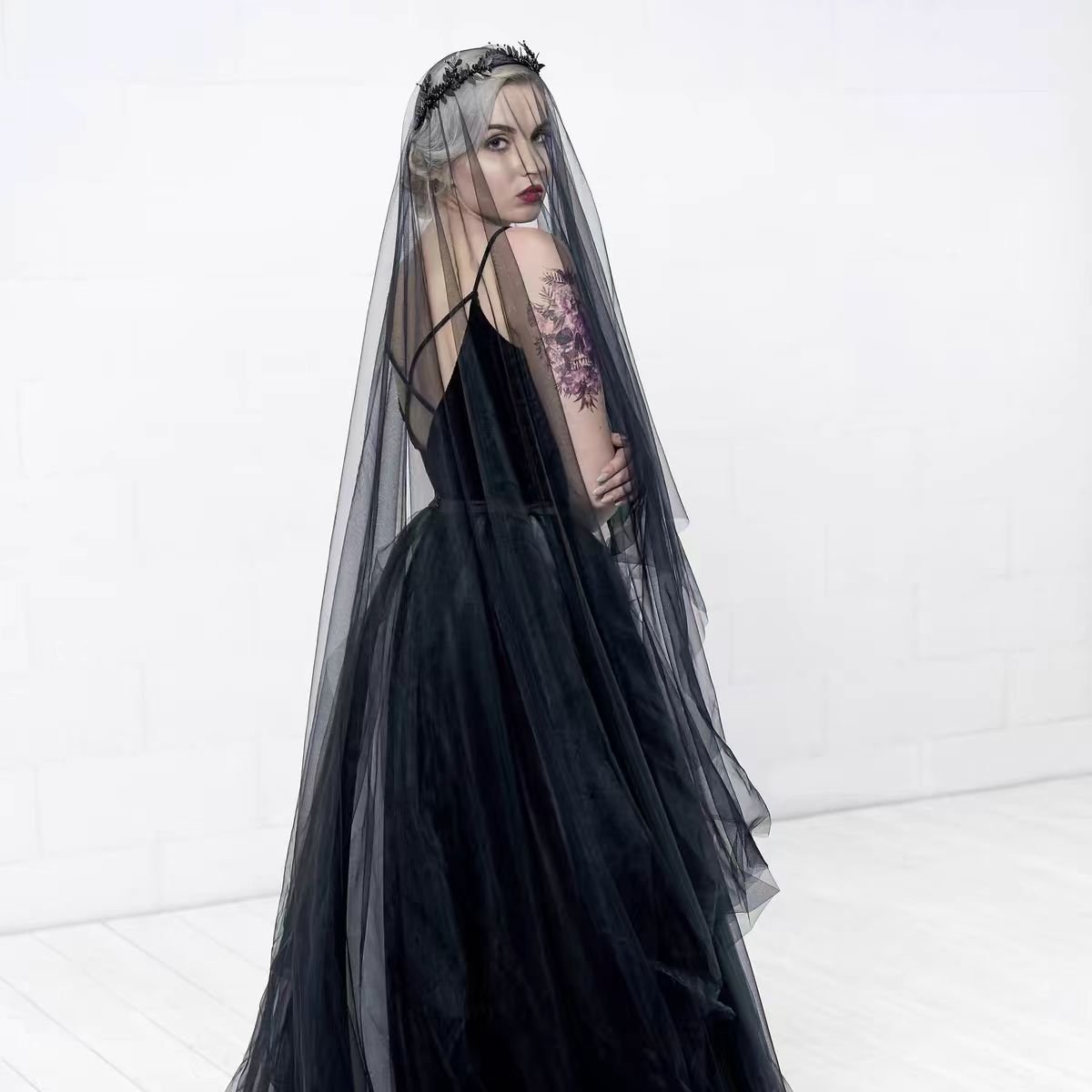 Black Long Gothic Veil with Ethereal Tulle Draping - Enigmatic Bridal Veil - WonderlandByLilian