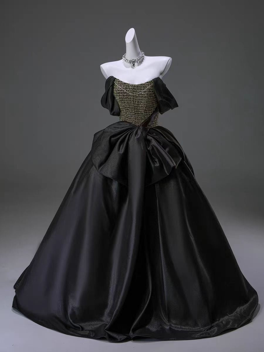 modest black satin dress A-line Black White Satin One Shoulder Hot Modest Prom Dresses PD1961 AlineBridal