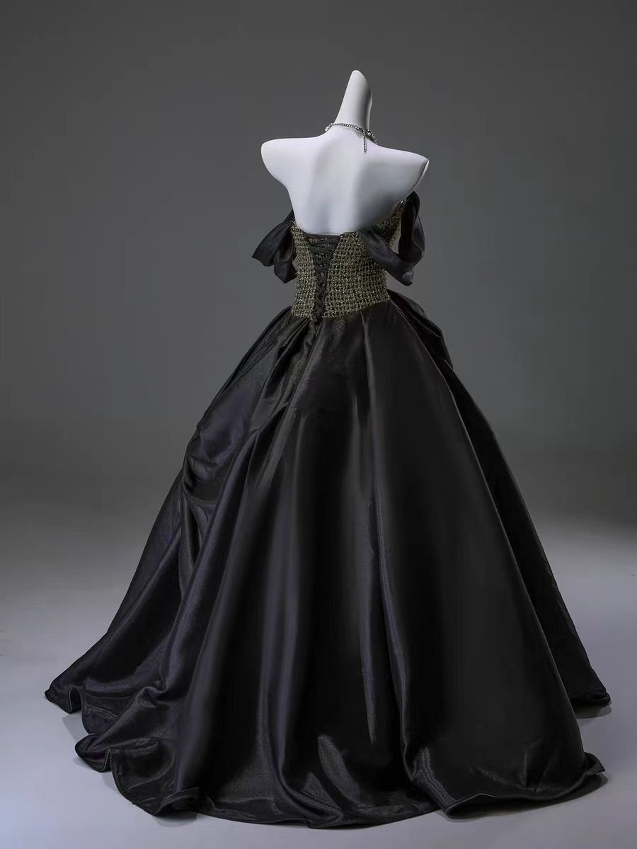 Black Off - the - Shoulder Ball Gown with Embellished Bodice - Plus Size Elegant Modest Dress - WonderlandByLilian