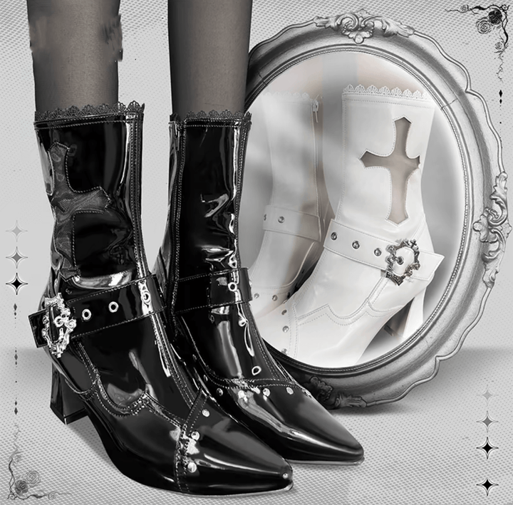 Black Patent Leather Gothic Heeled Boots with Buckle - Gothic Heels - WonderlandByLilian