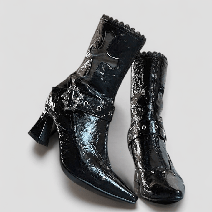 Black Patent Leather Gothic Heeled Boots with Buckle - Gothic Heels - WonderlandByLilian