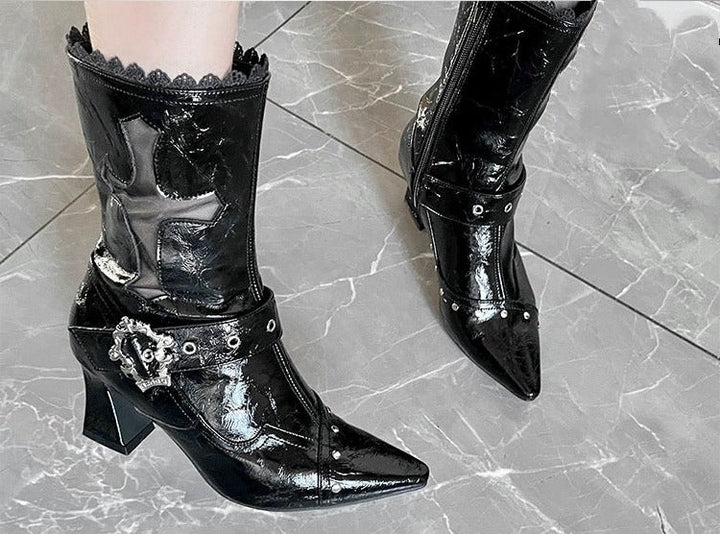 Black Patent Leather Gothic Heeled Boots with Buckle - Gothic Heels - WonderlandByLilian