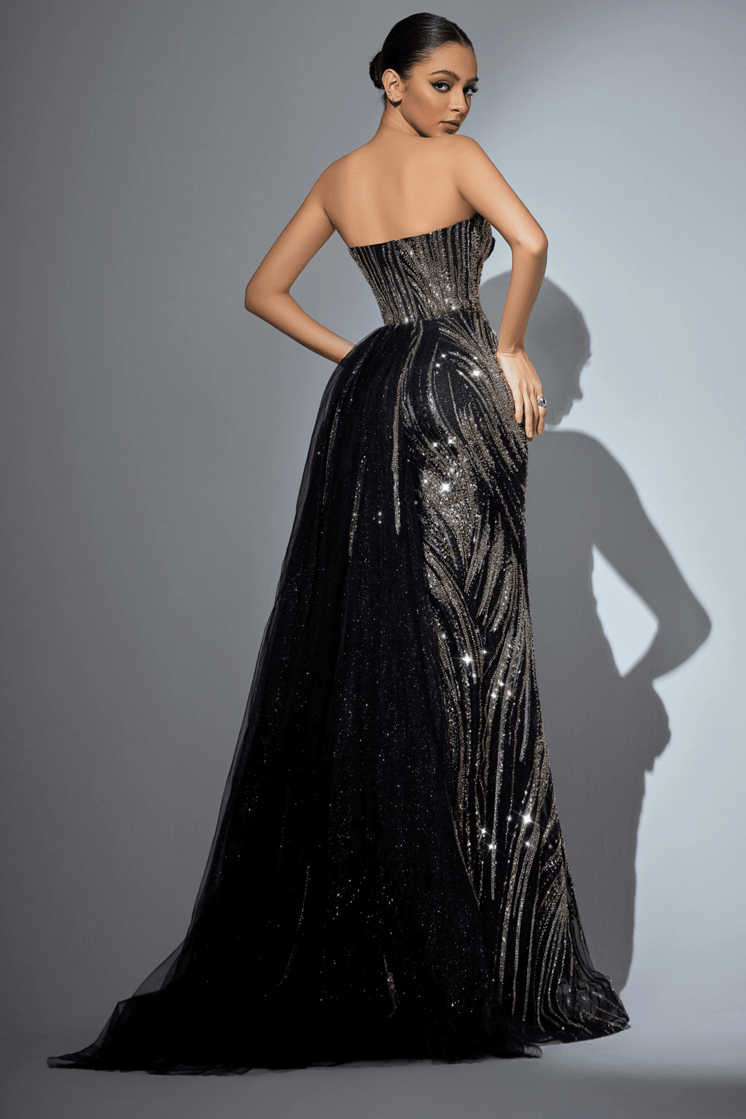 Black Pretty Sequin Dress with Beaded Corset – Strapless Sparkly Maxi Dress with Sheer Train and High Slit Plus Size - WonderlandByLilian