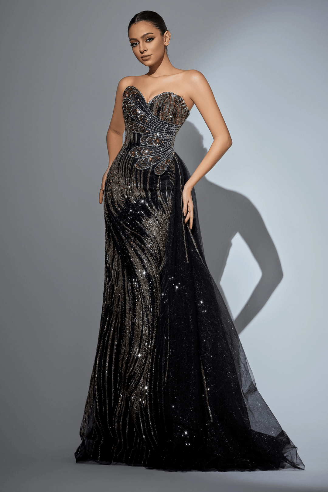 Black Pretty Sequin Dress with Beaded Corset – Strapless Sparkly Maxi Dress with Sheer Train and High Slit Plus Size - WonderlandByLilian
