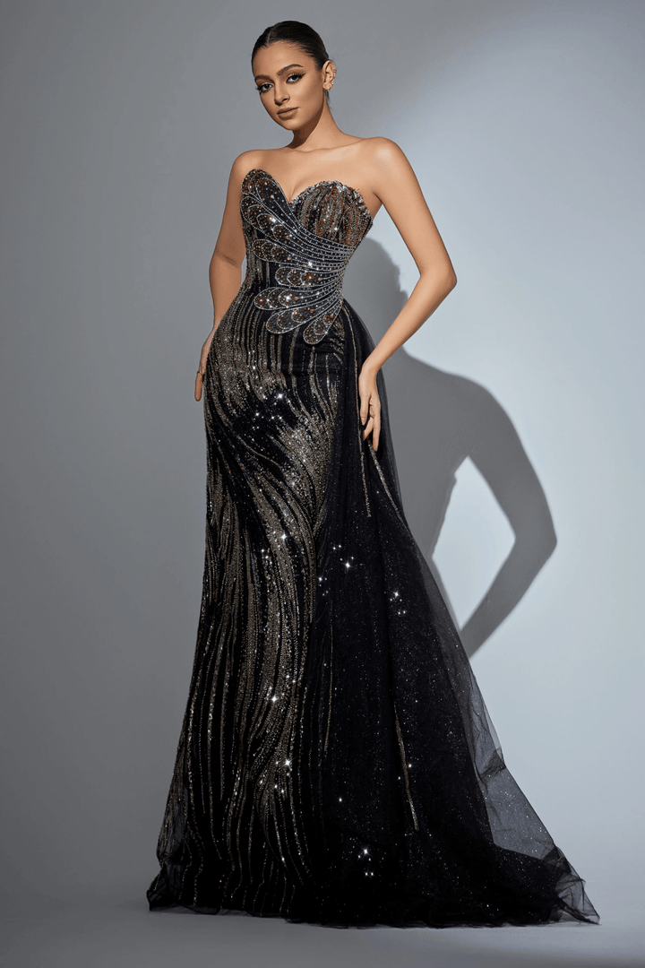 Black Pretty Sequin Dress with Beaded Corset – Strapless Sparkly Maxi Dress with Sheer Train and High Slit Plus Size - WonderlandByLilian