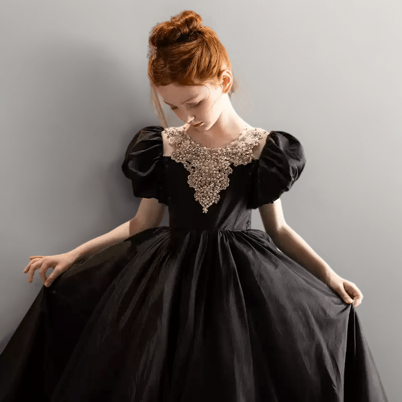 Black Satin Flower Girl Dress with Puff Sleeves – Special Occasion Flower Girl Dress with Train Plus Size - WonderlandByLilian