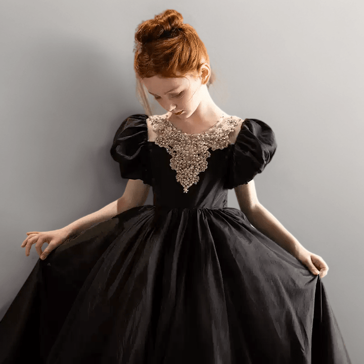 Black Satin Flower Girl Dress with Puff Sleeves – Special Occasion Flower Girl Dress with Train Plus Size - WonderlandByLilian