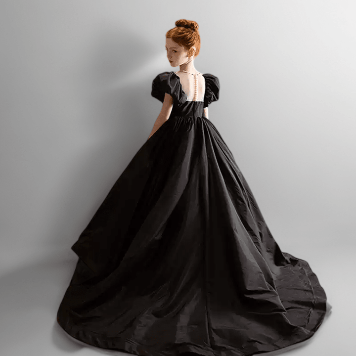 Black Satin Flower Girl Dress with Puff Sleeves – Special Occasion Flower Girl Dress with Train Plus Size - WonderlandByLilian