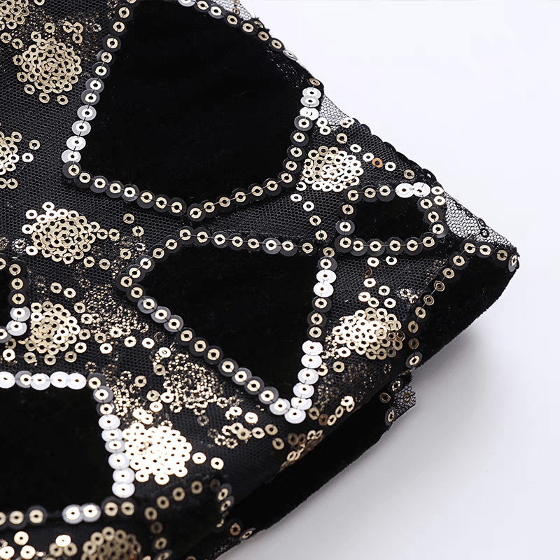 Black Sequined Mesh Fabric with Gold Accents - WonderlandByLilian