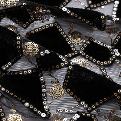 Black Sequined Mesh Fabric with Gold Accents - WonderlandByLilian