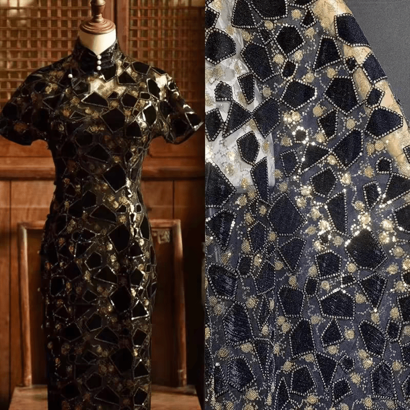 Black Sequined Mesh Fabric with Gold Accents - WonderlandByLilian