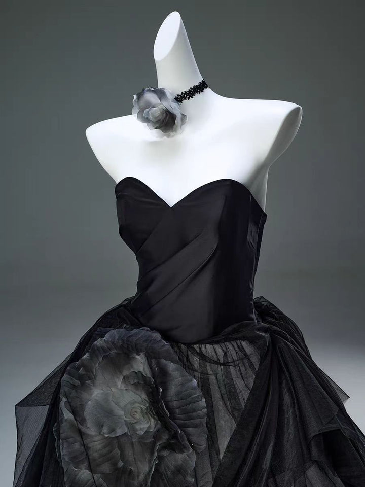 Black Strapless Evening Gown with Floral Accents and Tulle Skirt - Plus Size Gothic Inspired Dress - WonderlandByLilian