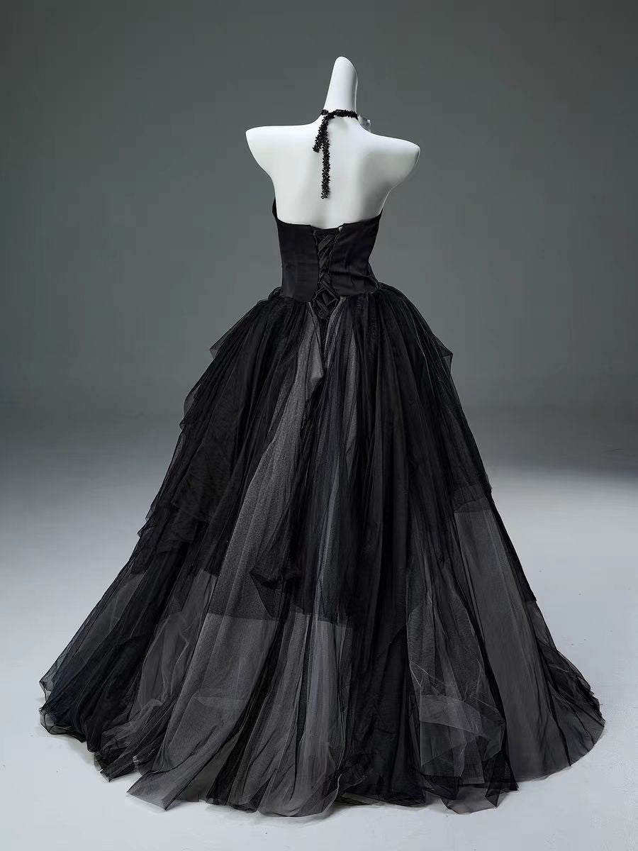 Black Strapless Evening Gown with Floral Accents and Tulle Skirt - Plus Size Gothic Inspired Dress - WonderlandByLilian