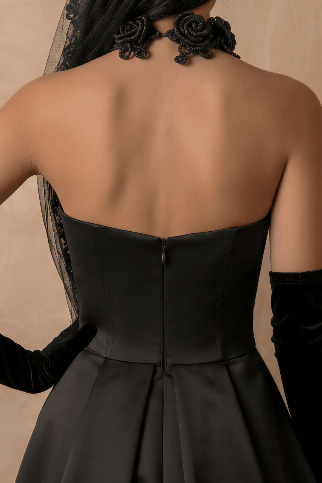 Black Strapless Satin Gothic Evening Dress – High Slit 3D Floral Lace Tulle Formal Dress Plus Size - WonderlandByLilian