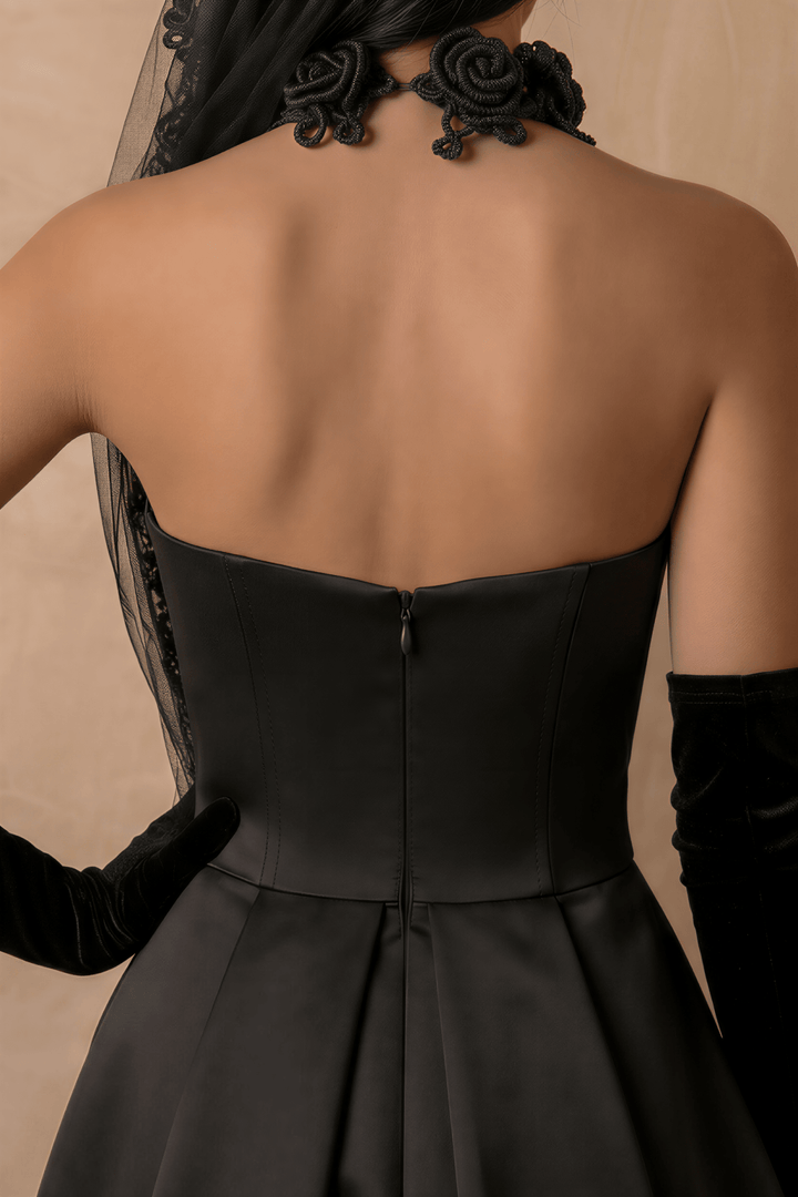 Black Strapless Satin Gothic Evening Dress – High Slit 3D Floral Lace Tulle Formal Dress Plus Size - WonderlandByLilian