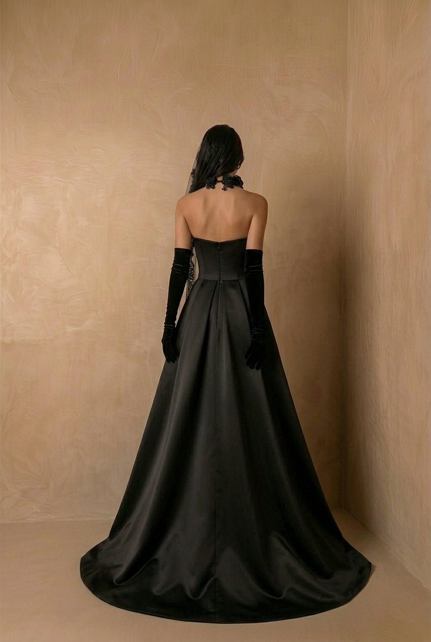 Black Strapless Satin Gothic Evening Dress – High Slit 3D Floral Lace Tulle Formal Dress Plus Size - WonderlandByLilian