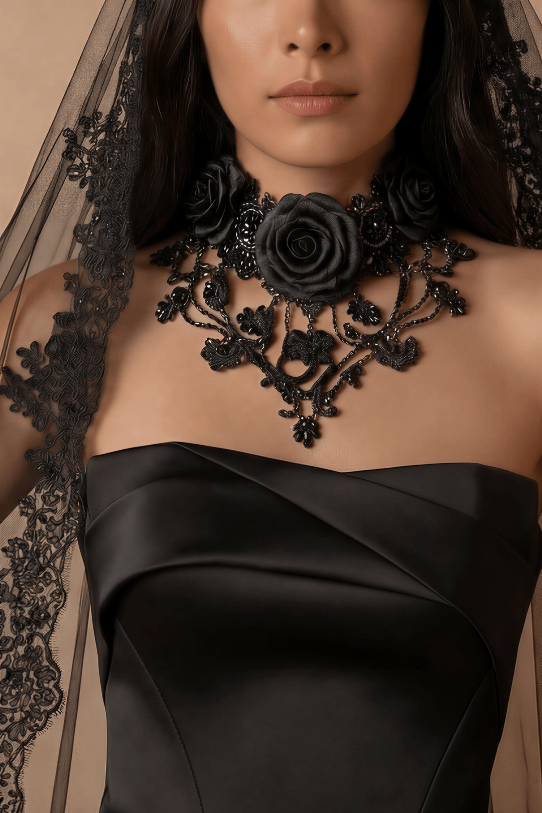 Black Strapless Satin Gothic Evening Dress – High Slit 3D Floral Lace Tulle Formal Dress Plus Size - WonderlandByLilian