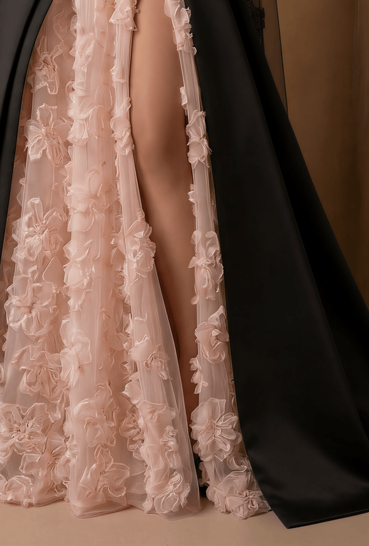 Black Strapless Satin Gothic Evening Dress – High Slit 3D Floral Lace Tulle Formal Dress Plus Size - WonderlandByLilian
