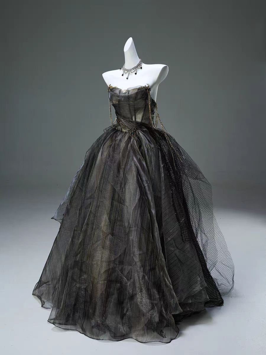 Gothic Black Tulle Off-the-Shoulder Evening Gown with Chain Details - WonderlandByLilian Gothic Black Tulle Off-the-Shoulder Evening Gown with Chain Details - WonderlandByLilian