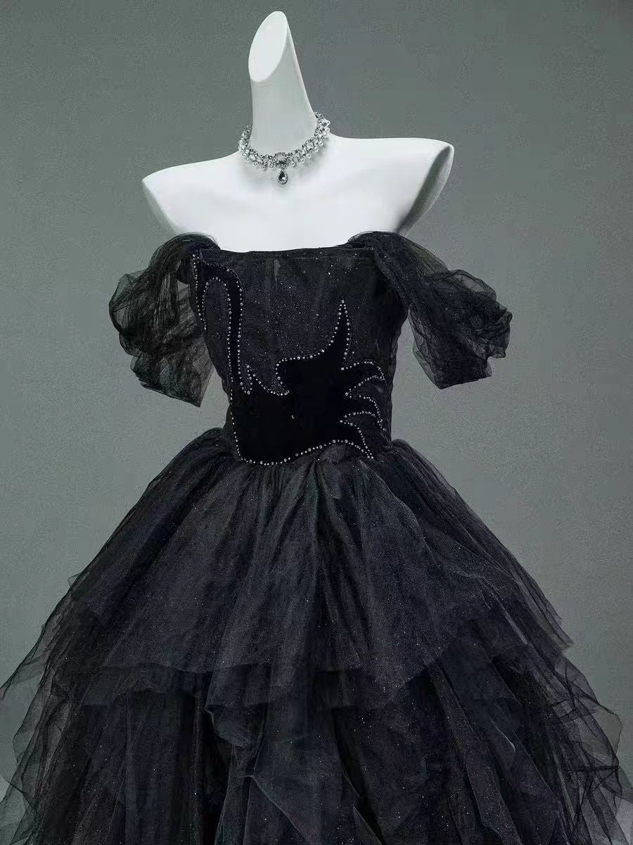 Black Tulle Off - the - Shoulder Evening Gown with Sparkling Detail - Plus Size Gothic Inspired Dress - WonderlandByLilian