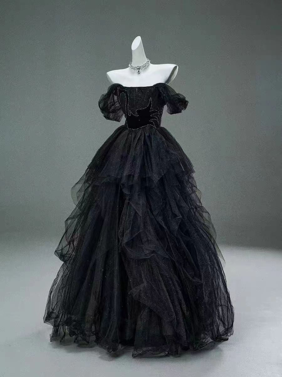 Gothic Black Tulle Off-the-Shoulder Evening Gown with Sparkling Detail WonderlandByLilian Gothic Black Tulle Off-the-Shoulder Evening Gown with Sparkling Detail WonderlandByLilian