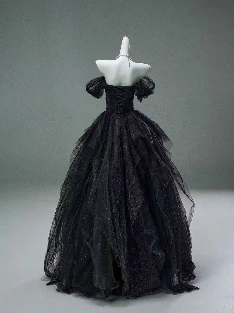 Black Tulle Off - the - Shoulder Evening Gown with Sparkling Detail - Plus Size Gothic Inspired Dress - WonderlandByLilian