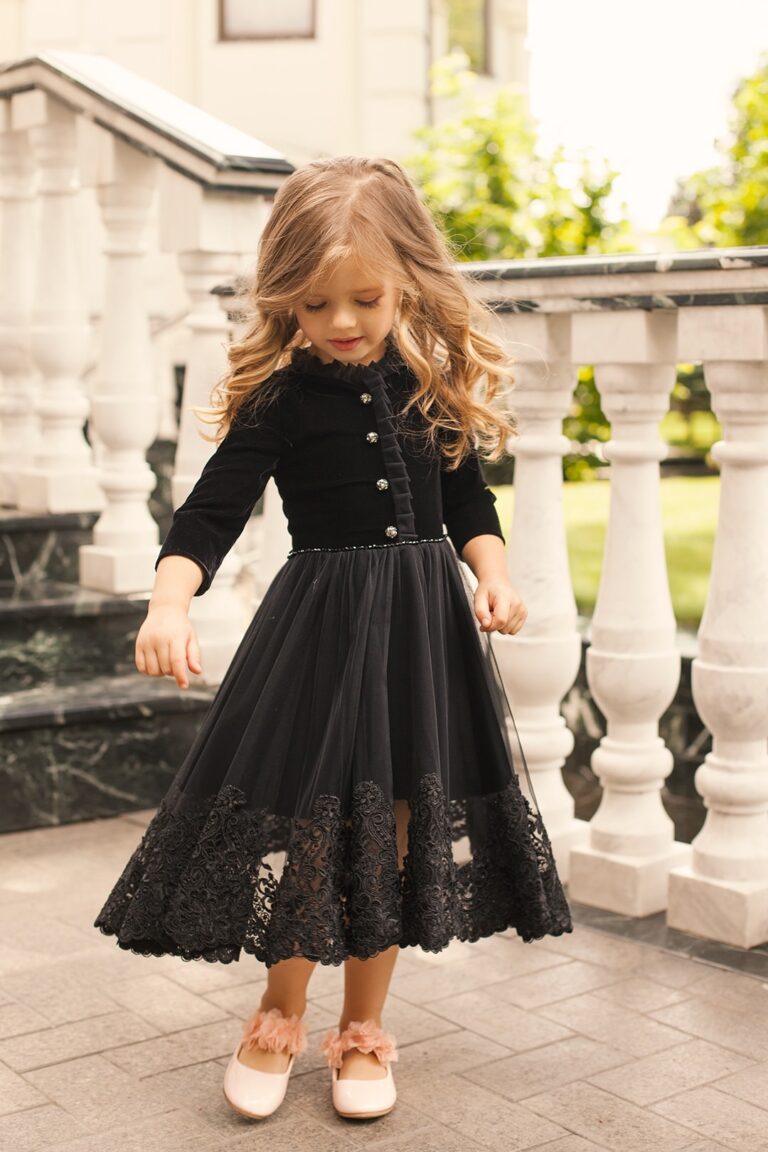 Black Velvet and Lace Plus Size Girl’s Dress – Nikky Elegant Party Gown with 3/4 Sleeves and Decorative Buttons for Special Occasions - WonderlandByLilian