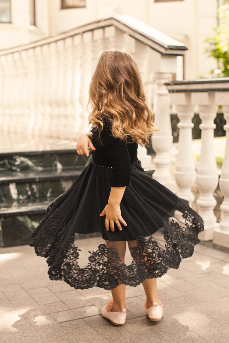 Black Velvet and Lace Plus Size Girl’s Dress – Nikky Elegant Party Gown with 3/4 Sleeves and Decorative Buttons for Special Occasions - WonderlandByLilian