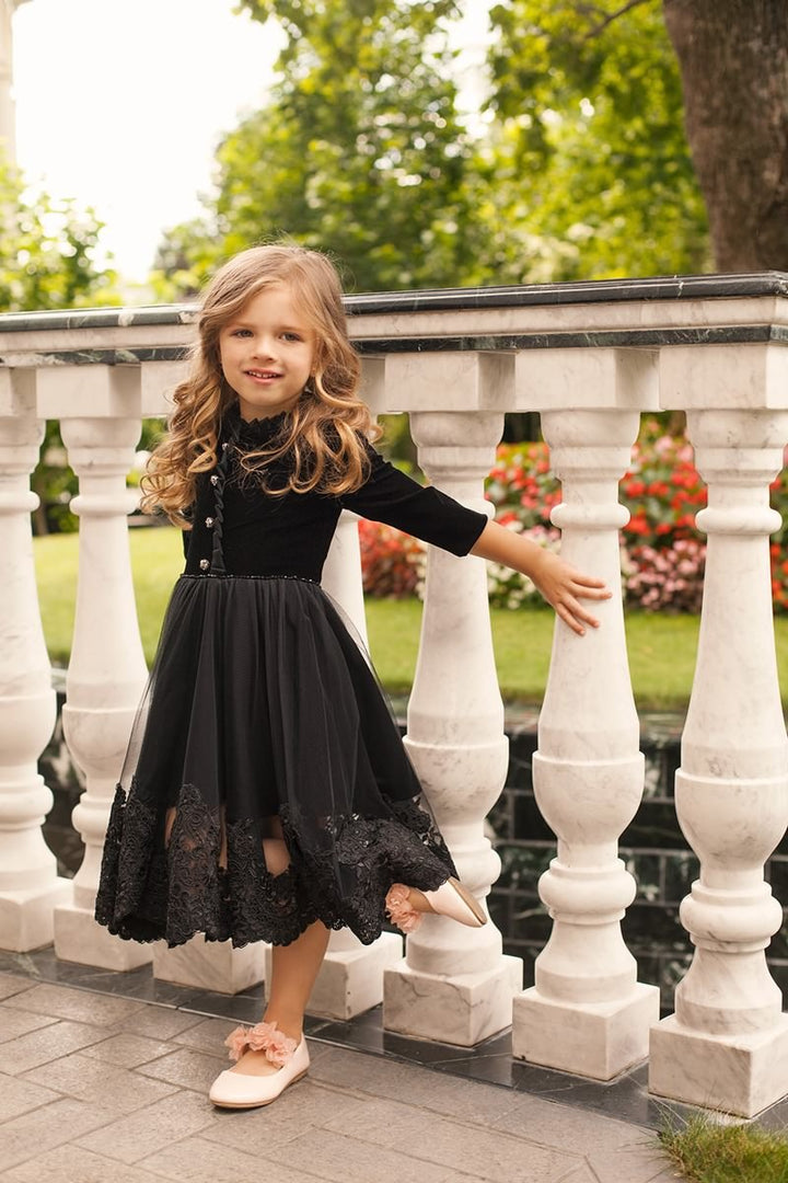 Black Velvet and Lace Plus Size Girl’s Dress – Nikky Elegant Party Gown with 3/4 Sleeves and Decorative Buttons for Special Occasions - WonderlandByLilian