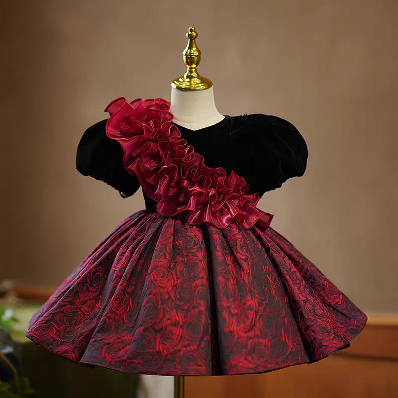 Black Velvet and Red Rose Brocade Long Sleeve Flower Girl Dress for Wedding – Plus Size - WonderlandByLilian