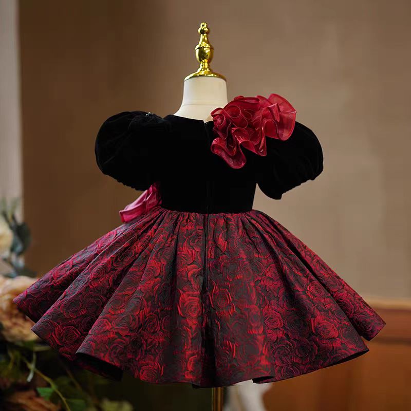 Black Velvet and Red Rose Brocade Long Sleeve Flower Girl Dress for Wedding – Plus Size - WonderlandByLilian