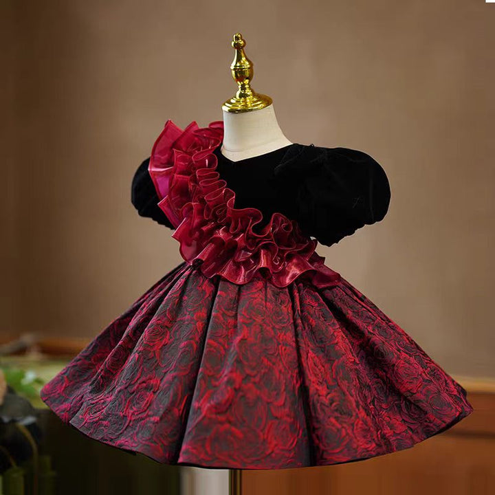 Black Velvet and Red Rose Brocade Long Sleeve Flower Girl Dress for Wedding – Plus Size - WonderlandByLilian