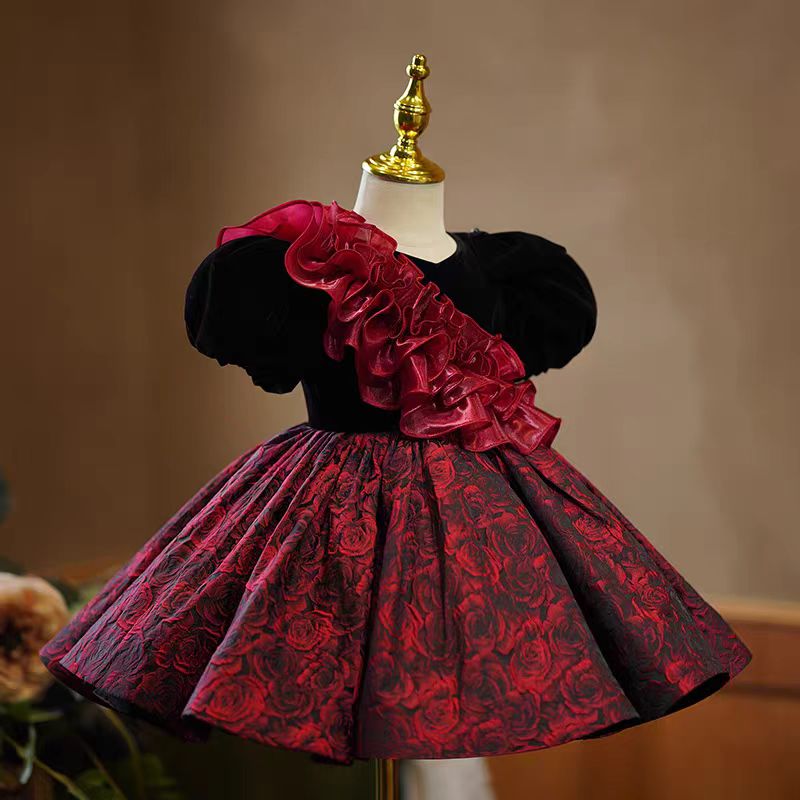 Black Velvet and Red Rose Brocade Long Sleeve Flower Girl Dress for Wedding – Plus Size - WonderlandByLilian