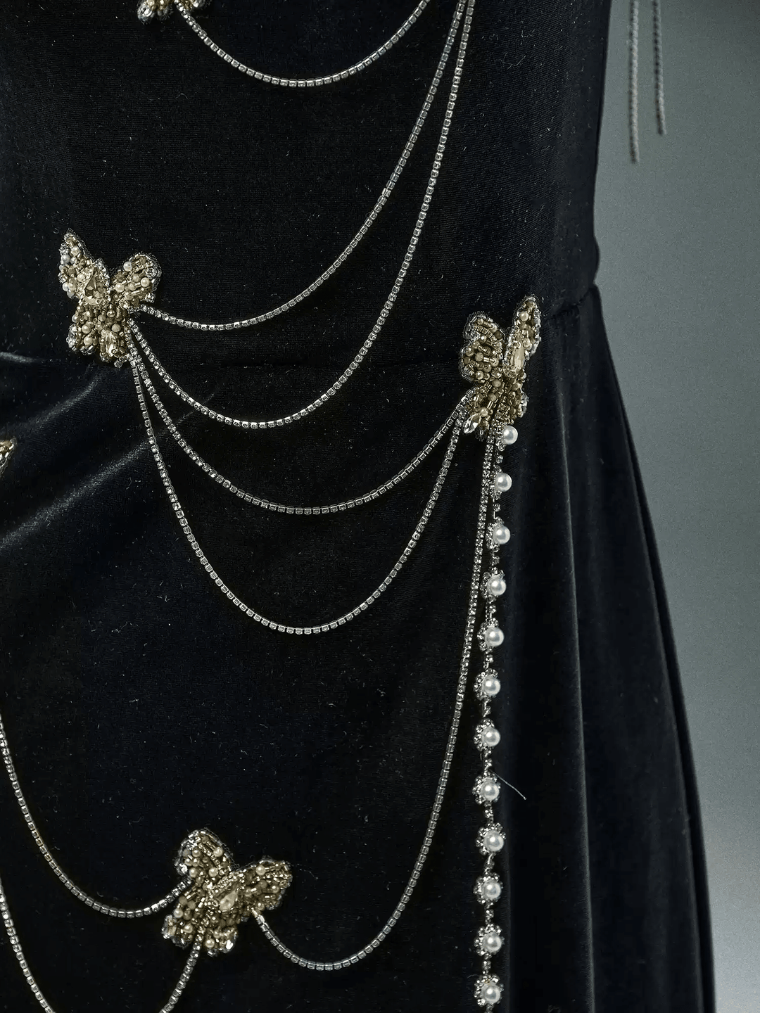 Black Velvet Evening Dress with Butterfly Chains – Elegant Sleeveless Evening Dress with Lace - Up Back Plus Size - WonderlandByLilian