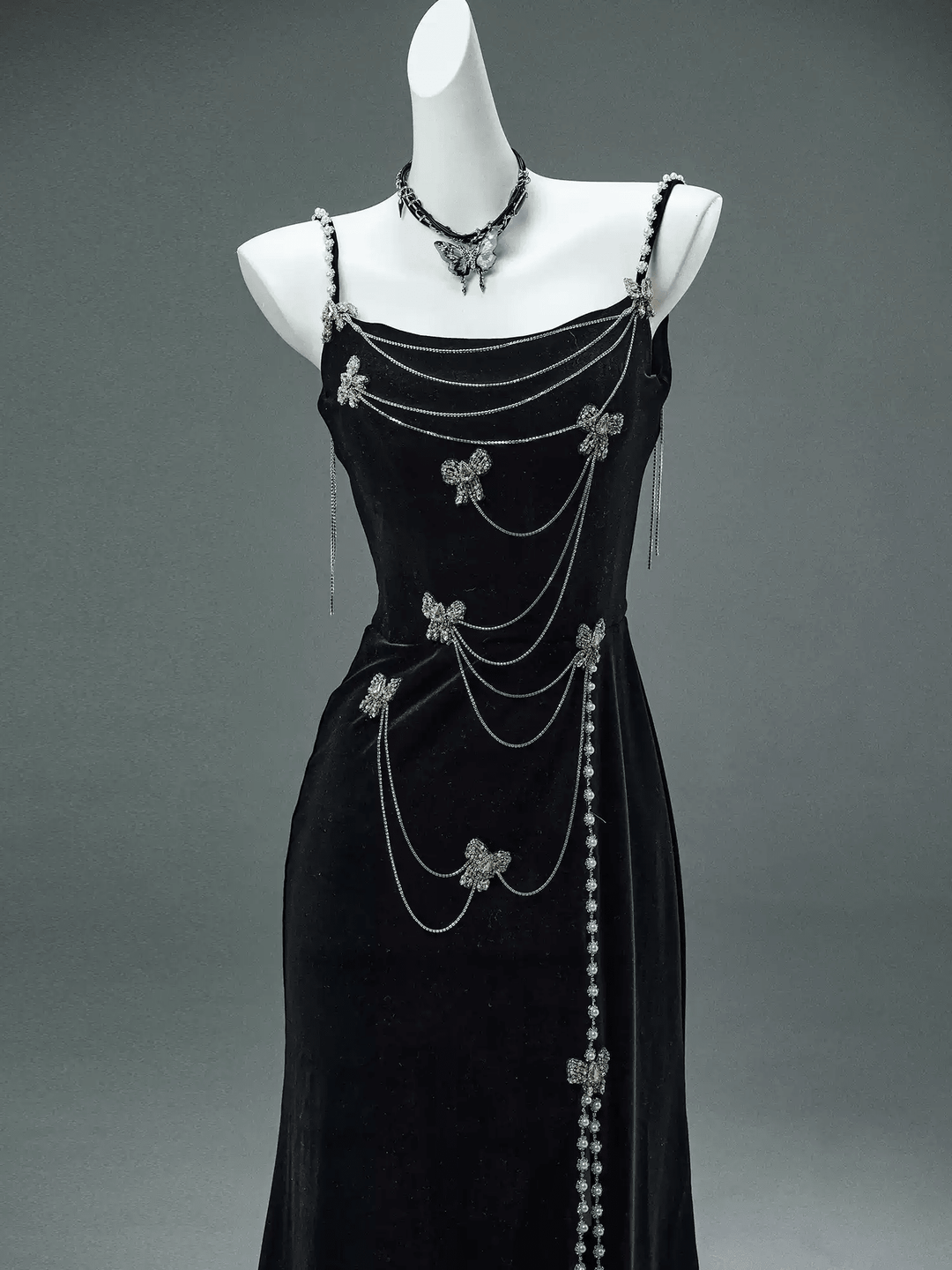 Black Velvet Evening Dress with Butterfly Chains – Elegant Sleeveless Evening Dress with Lace - Up Back Plus Size - WonderlandByLilian