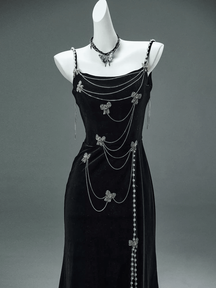 Black Velvet Evening Dress with Butterfly Chains – Elegant Sleeveless Evening Dress with Lace - Up Back Plus Size - WonderlandByLilian