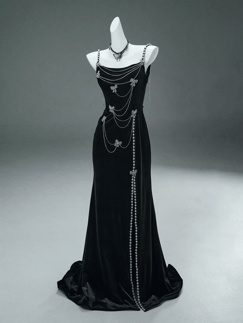 Black Velvet Evening Dress with Butterfly Chains – Elegant Sleeveless Evening Dress with Lace - Up Back Plus Size - WonderlandByLilian