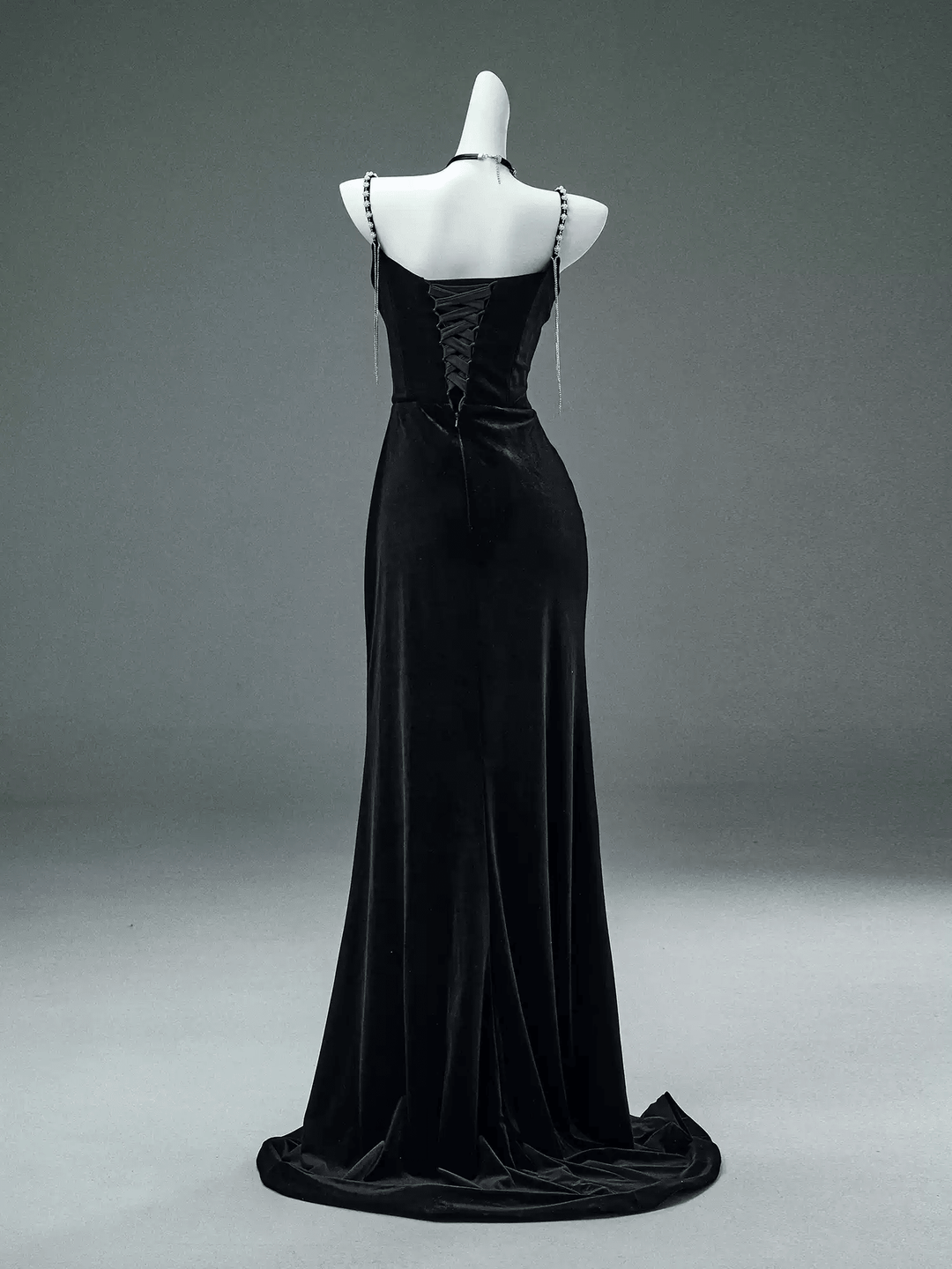 Black Velvet Evening Dress with Butterfly Chains – Elegant Sleeveless Evening Dress with Lace - Up Back Plus Size - WonderlandByLilian