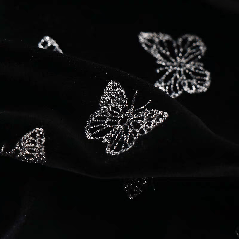 Black Velvet Fabric with Silver Butterfly Embroidery - WonderlandByLilian