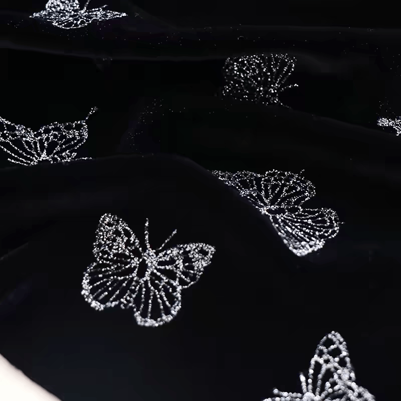 Black Velvet Fabric with Silver Butterfly Embroidery - WonderlandByLilian