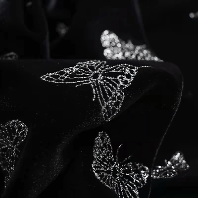 Black Velvet Fabric with Silver Butterfly Embroidery - WonderlandByLilian