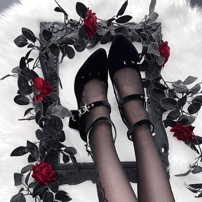 Black Velvet Gothic Heels with Buckle - Gothic Shoes Heels - WonderlandByLilian