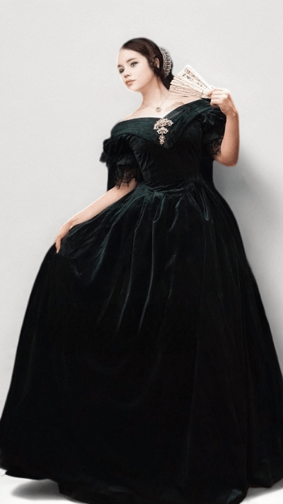 Black Velvet Off-Shoulder Gothic Lolita Ball Gown with Vintage Victorian Brooch Plus Size - WonderlandByLilian
