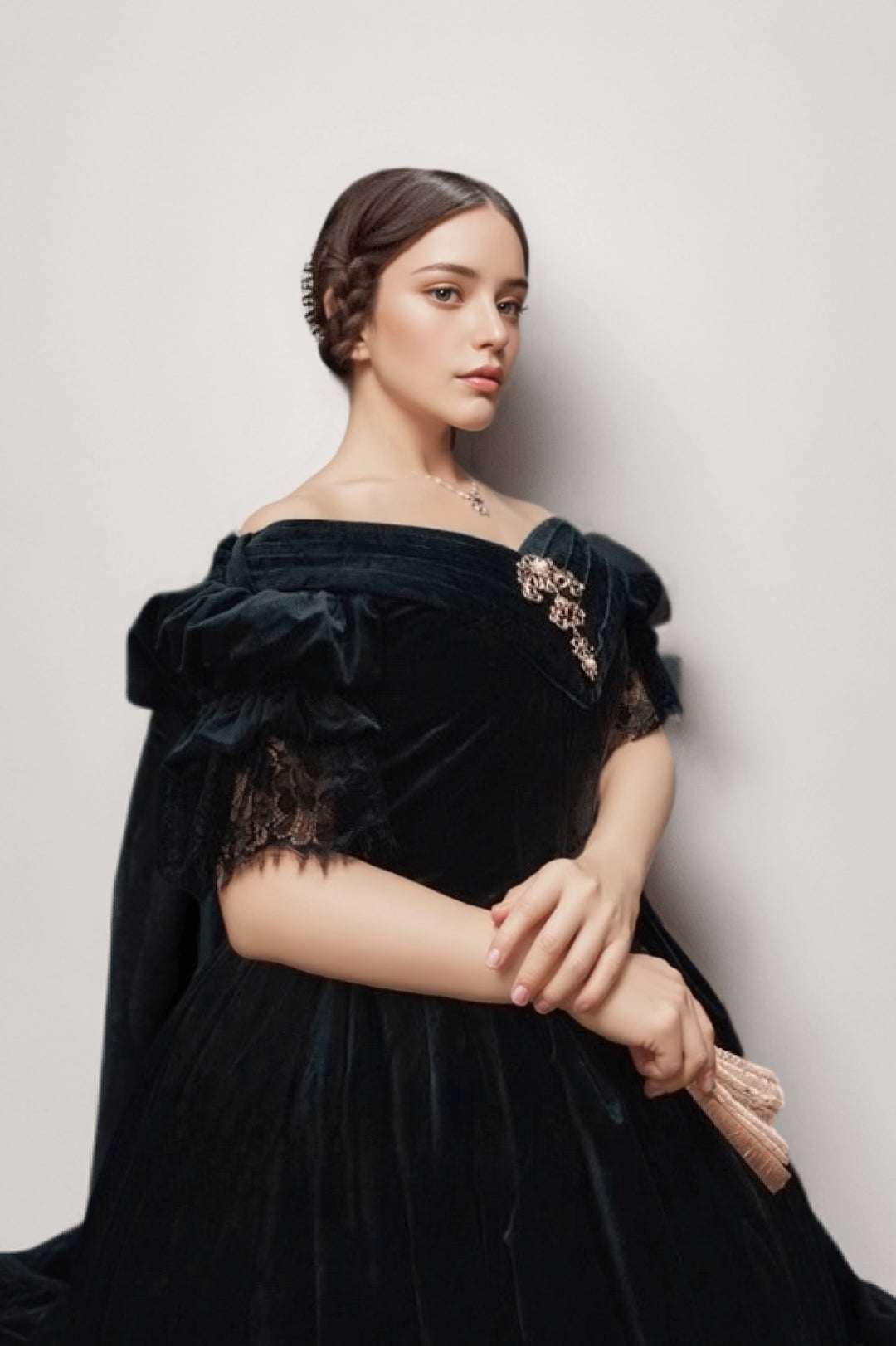 Black Velvet Off-Shoulder Gothic Lolita Ball Gown with Vintage Victorian Brooch Plus Size Black Velvet Off-Shoulder Gothic Lolita Ball Gown with Vintage Victorian Brooch Plus Size